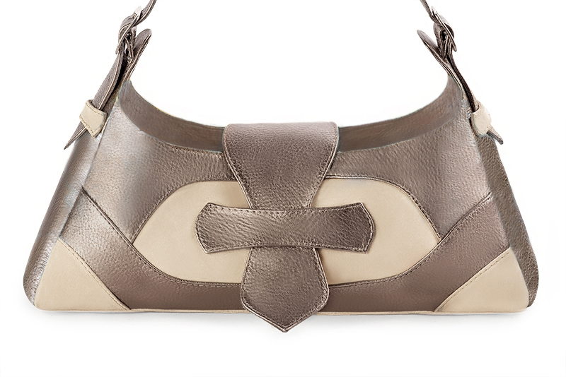 Bronze gold and champagne white women's dress handbag, matching pumps and belts. Profile view - Florence KOOIJMAN